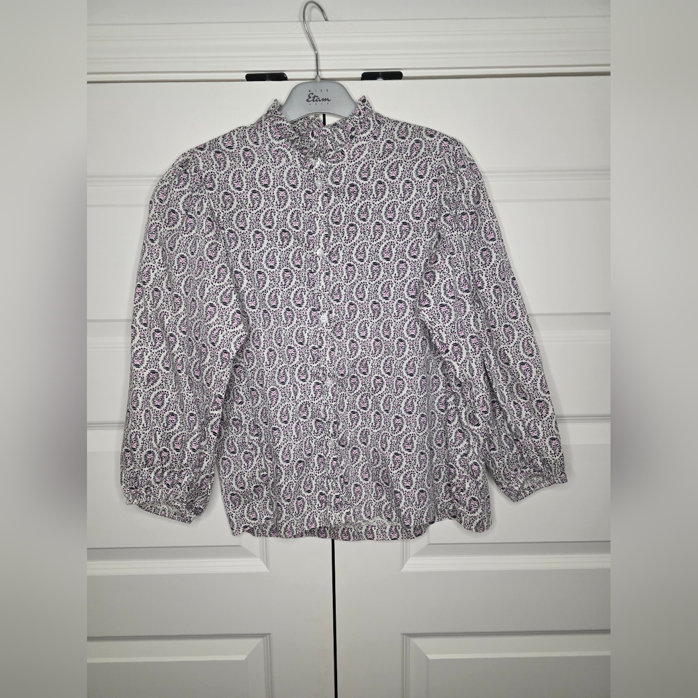 GAP Womens M Puff Sleeve Ruffle Neck Ivory Paisley Button Down Top